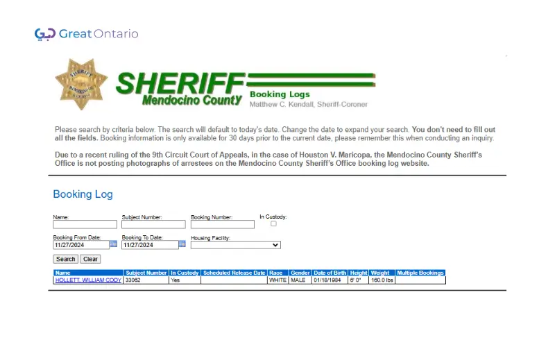 mendocino booking log